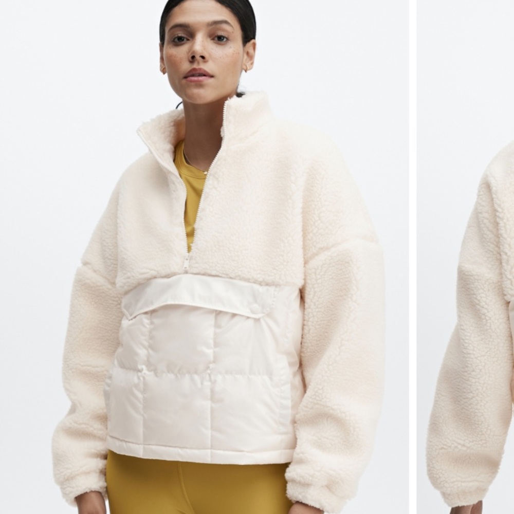 FABLETICS Nelly Mixed Media Half Zip Sherpa Pullover Jacket Ivory size Small